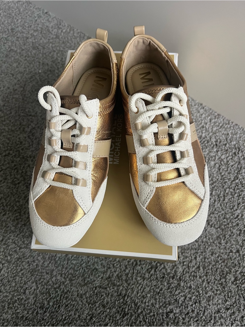 Michael Kors Metallic Gold and White Leather Sneakers